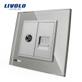 Livolo Painel de Cristal Cinza Parede TV COM RJ45 Tomada de Internet Tomada Elétrica VL-C791VC-15